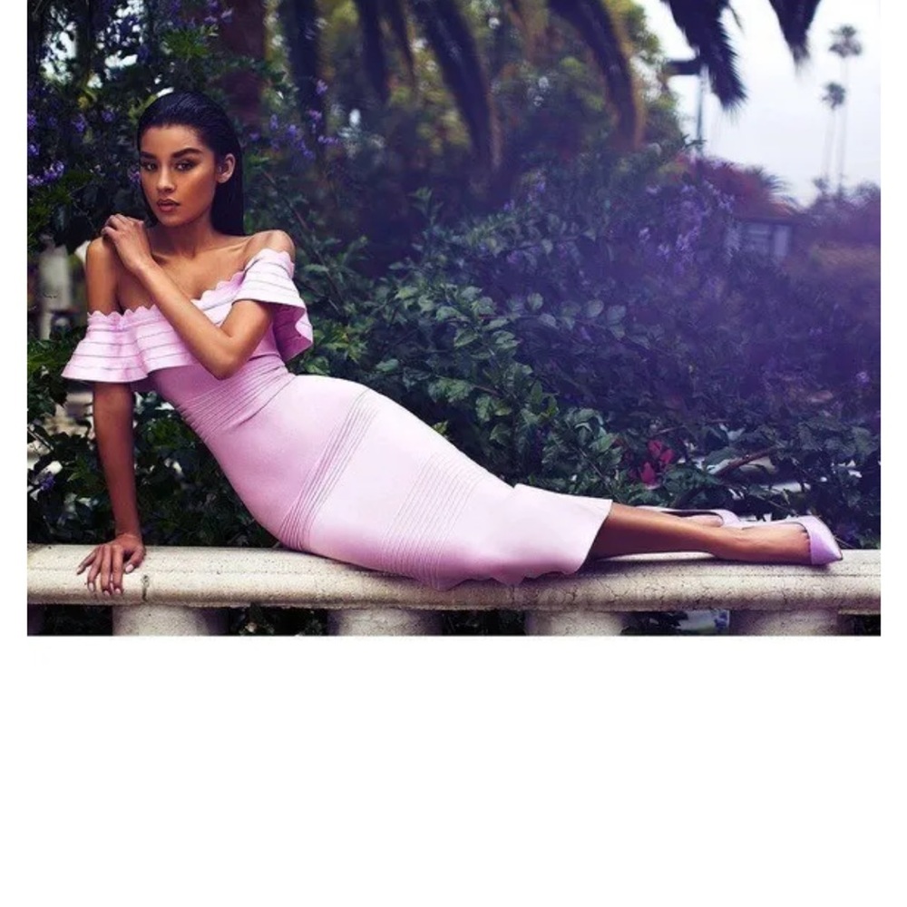 House of CB AMADEA Lilac Fluted Off Shoulder Midi Bandage Dress.
